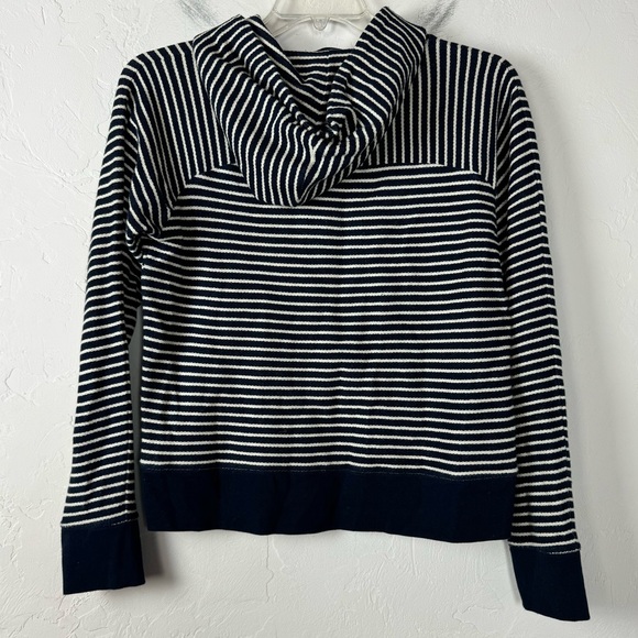J Crew Hoodie Pullover Sweatshirt Sweater Striped‎ Print Navy Blue Ivory Terry - Picture 2 of 9